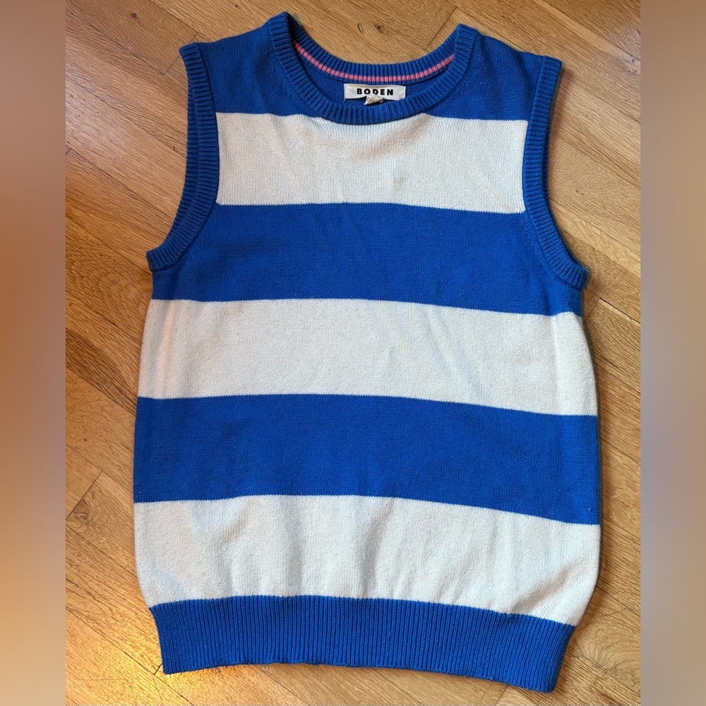 Boden Fiona Vibrant Blue and Cream Knit vest with Pink Accents